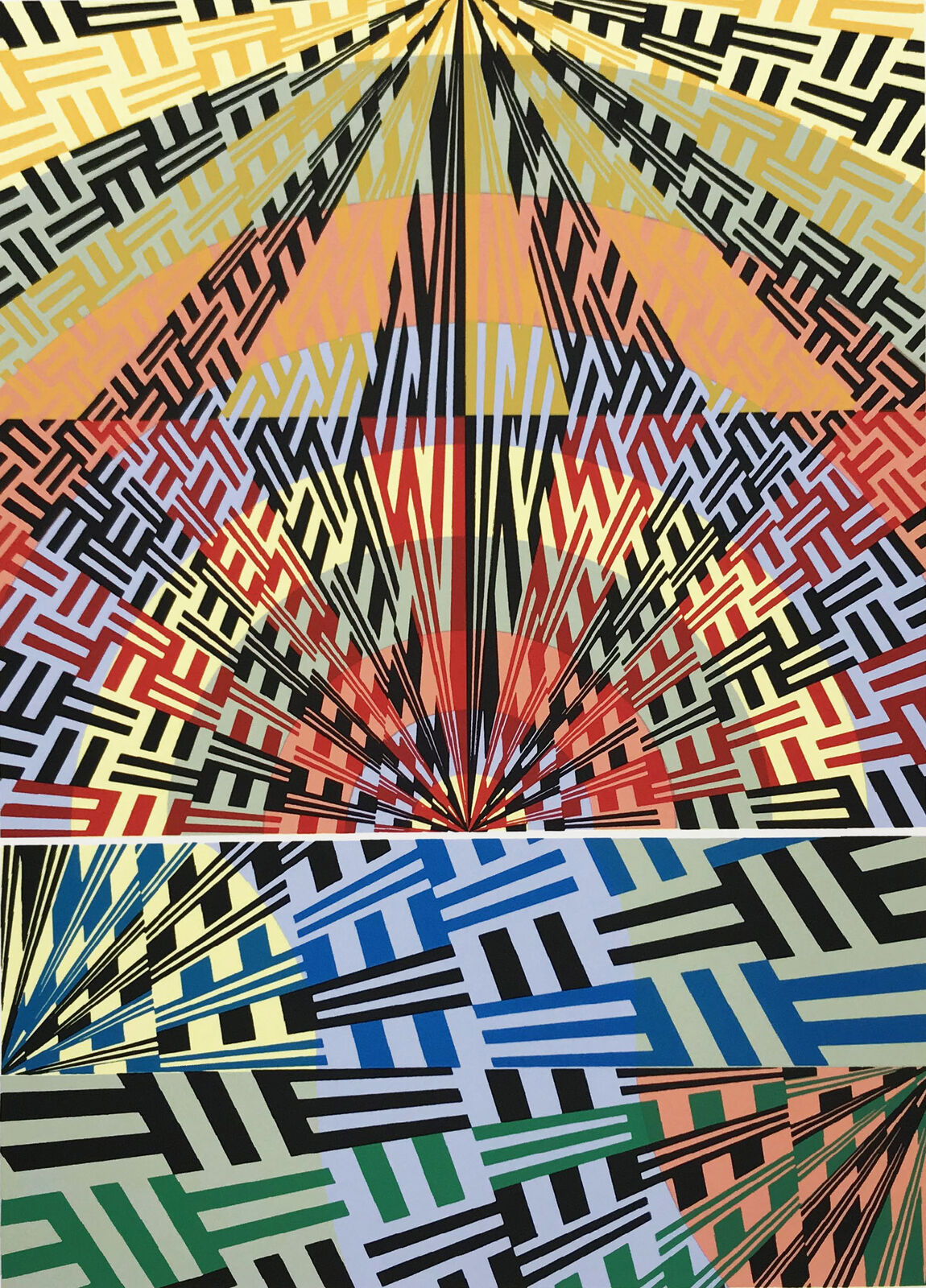 A colorful abstract painting on a white wall. 