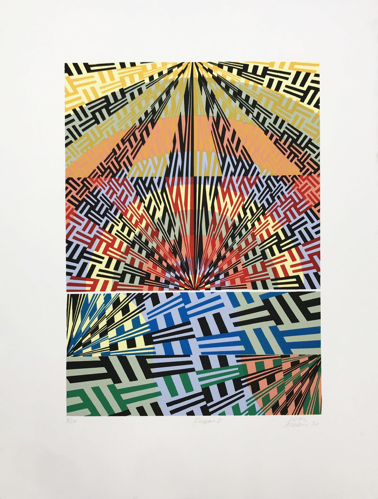 A colorful abstract painting on a white wall. 