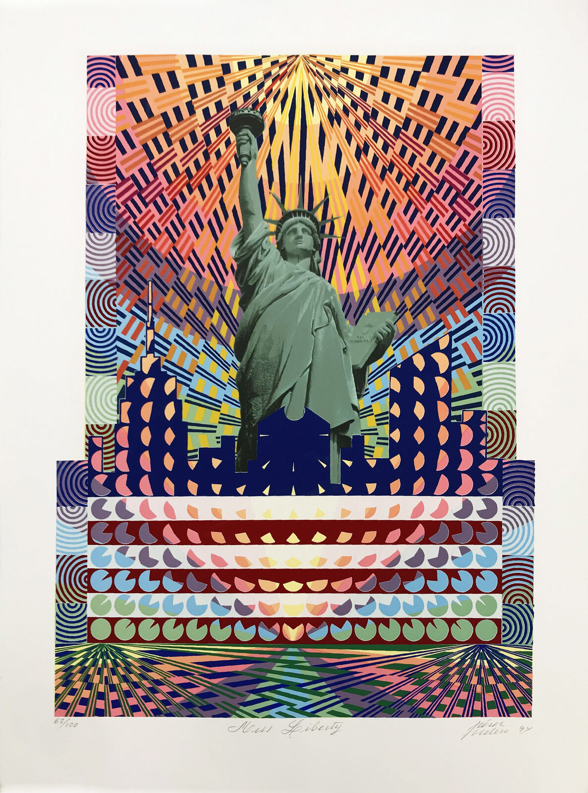 A picture of the Statue of Liberty on a colorful background.