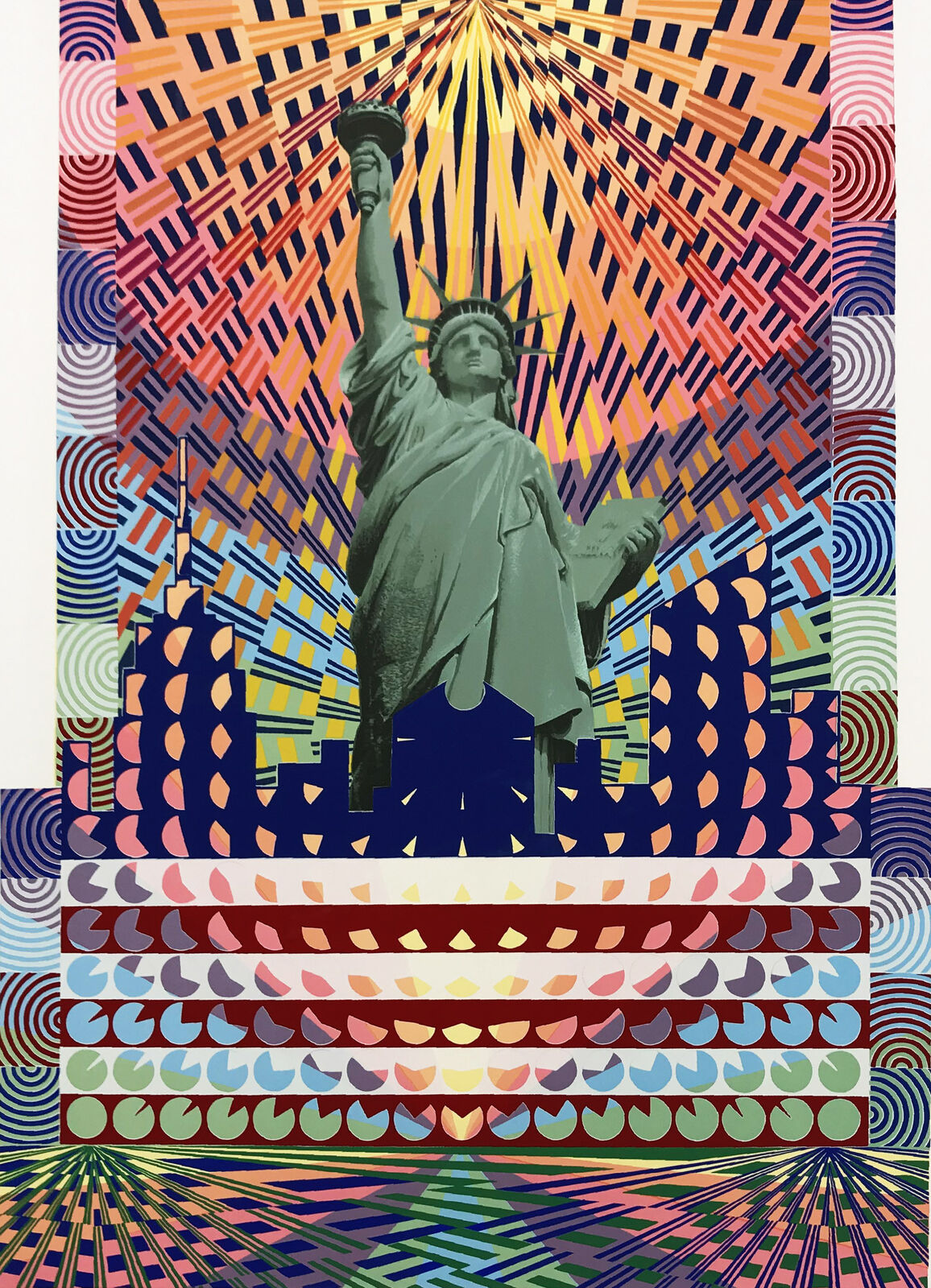 A picture of the Statue of Liberty on a colorful background.