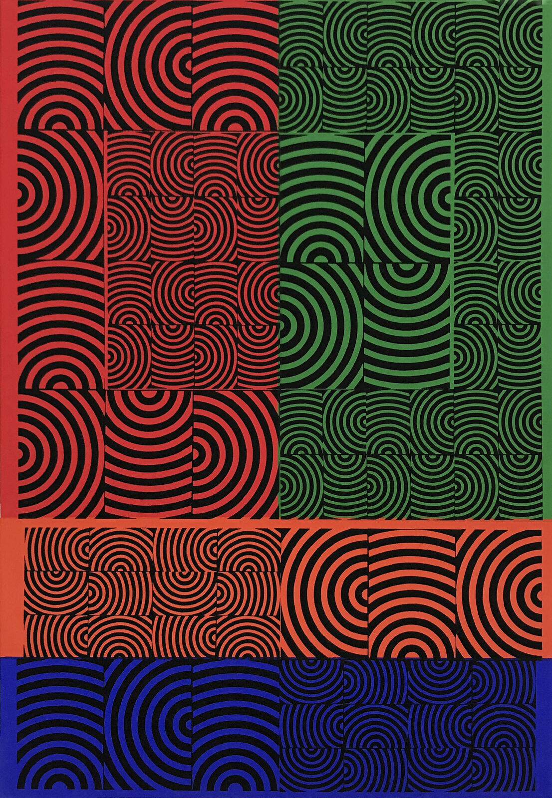 A red, green, blue, and black pattern on a white background.