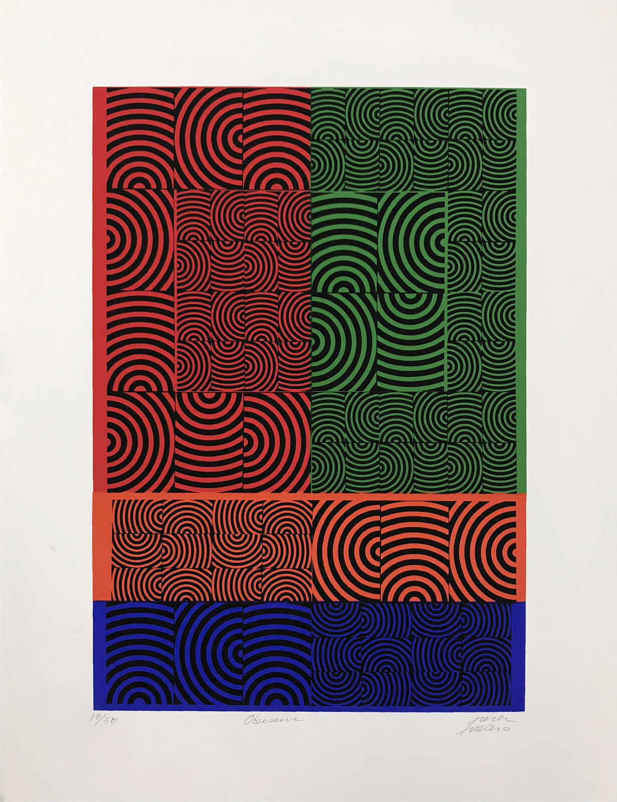 A red, green, blue, and black pattern on a white background.