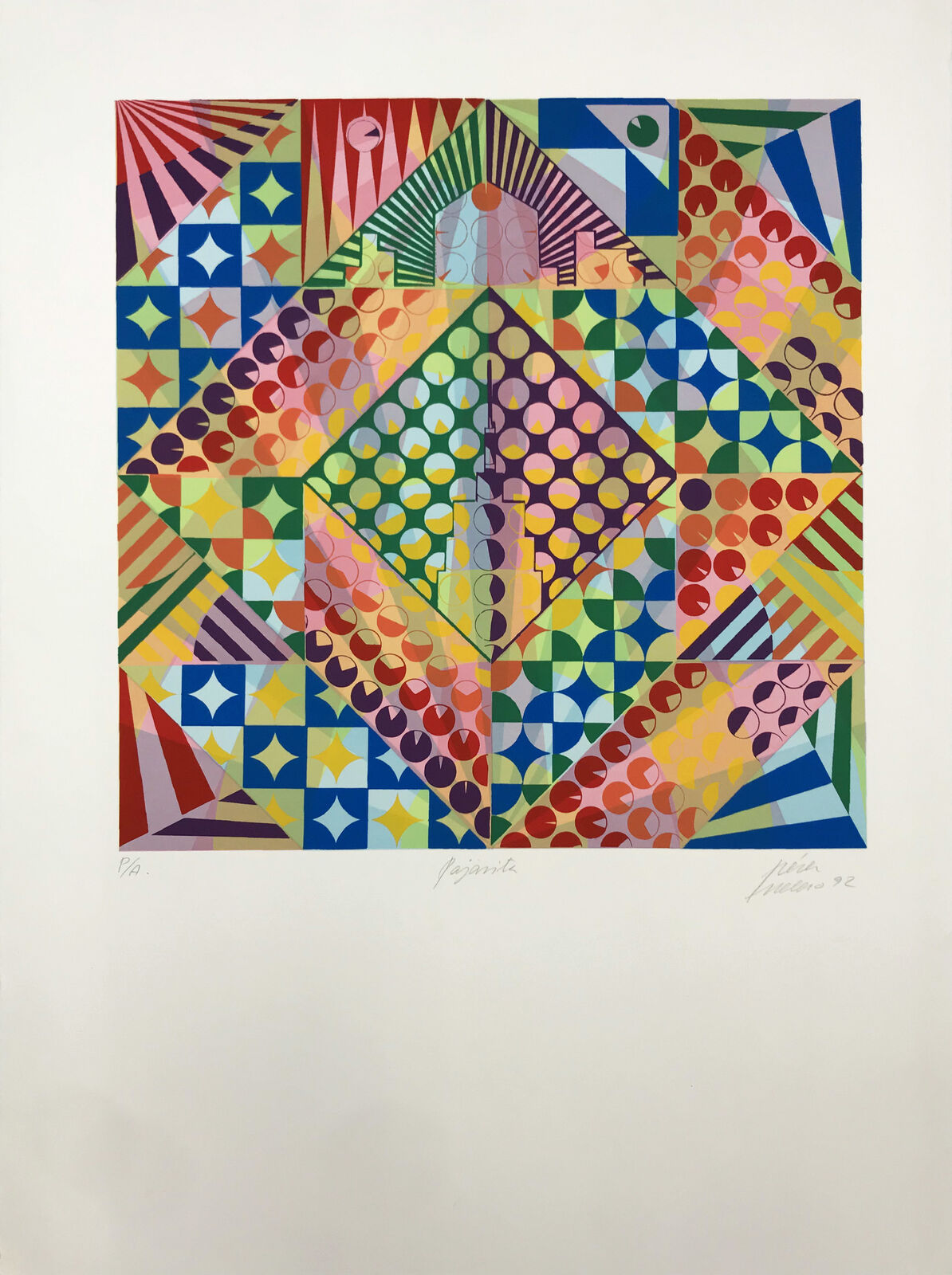 A colorful abstract painting on a white wall.