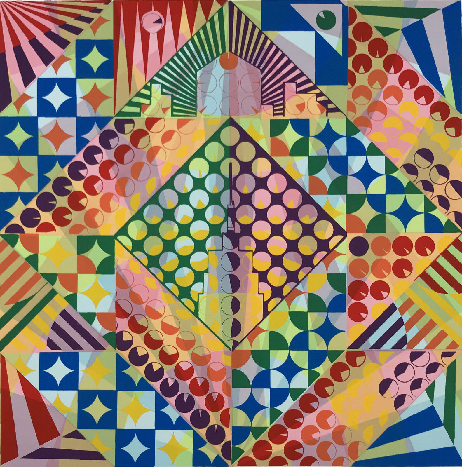 A colorful abstract painting on a white wall.