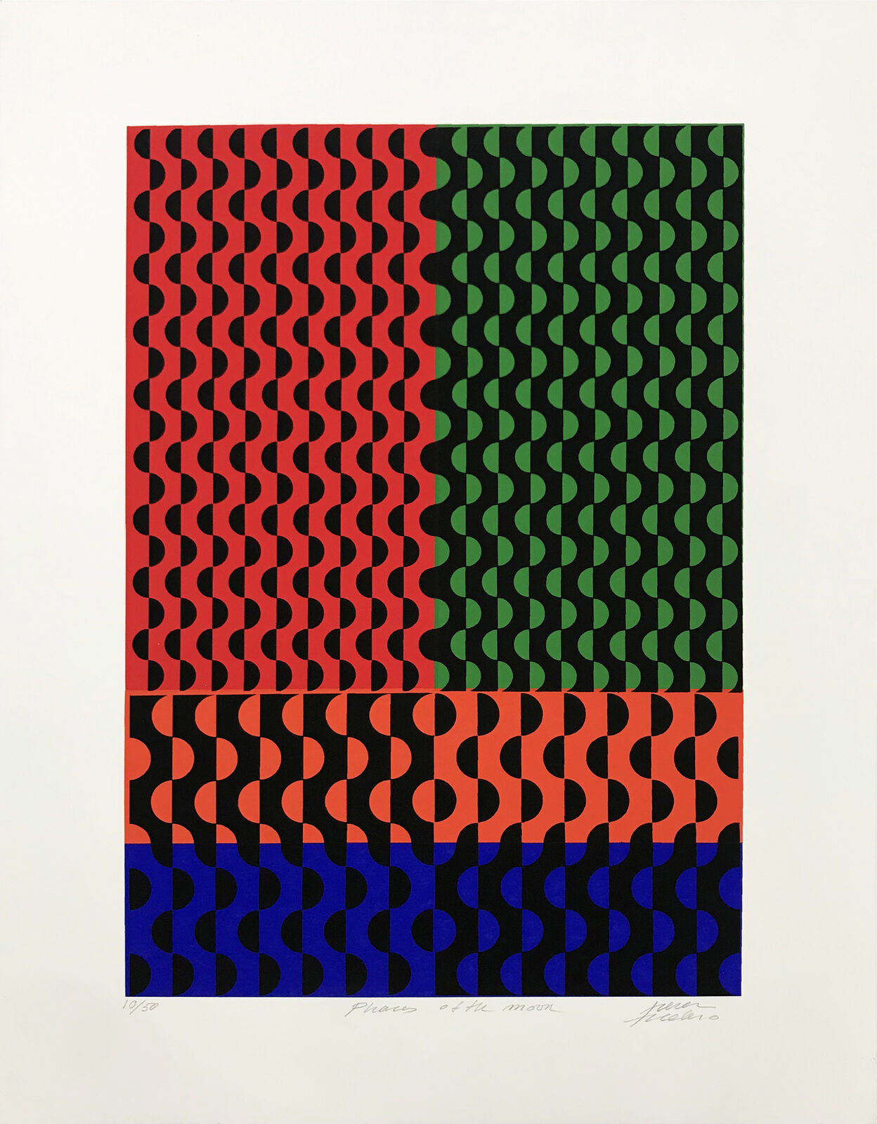 A red, blue, green, and black print with a pattern on it.