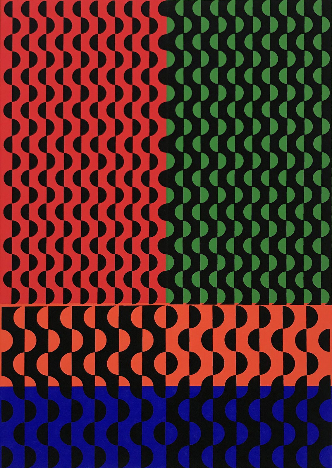 A red, blue, green, and black print with a pattern on it.