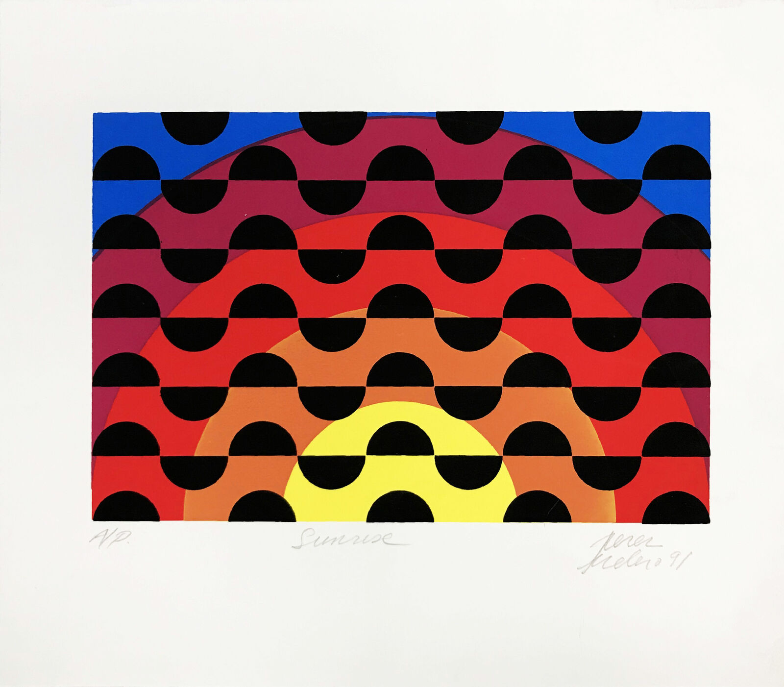 A painting of a sunset with a sun in the middle of it.