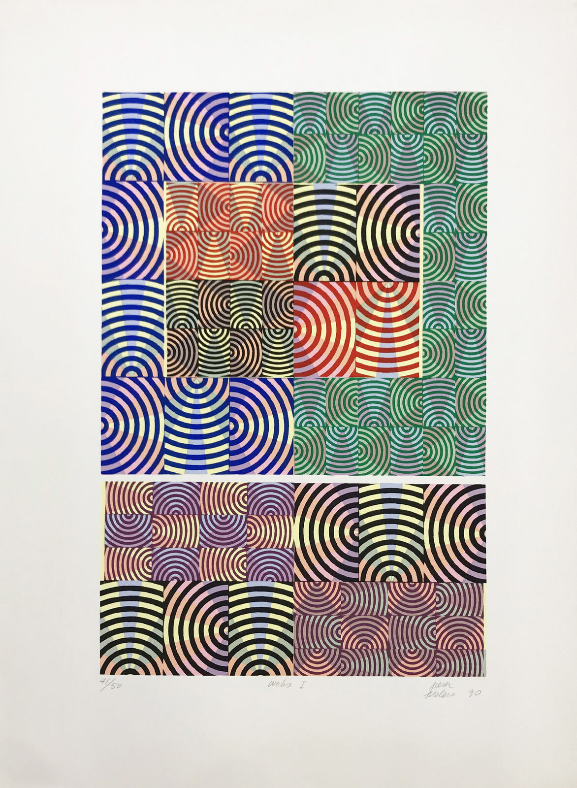 A painting of four different colored circles on a white background.