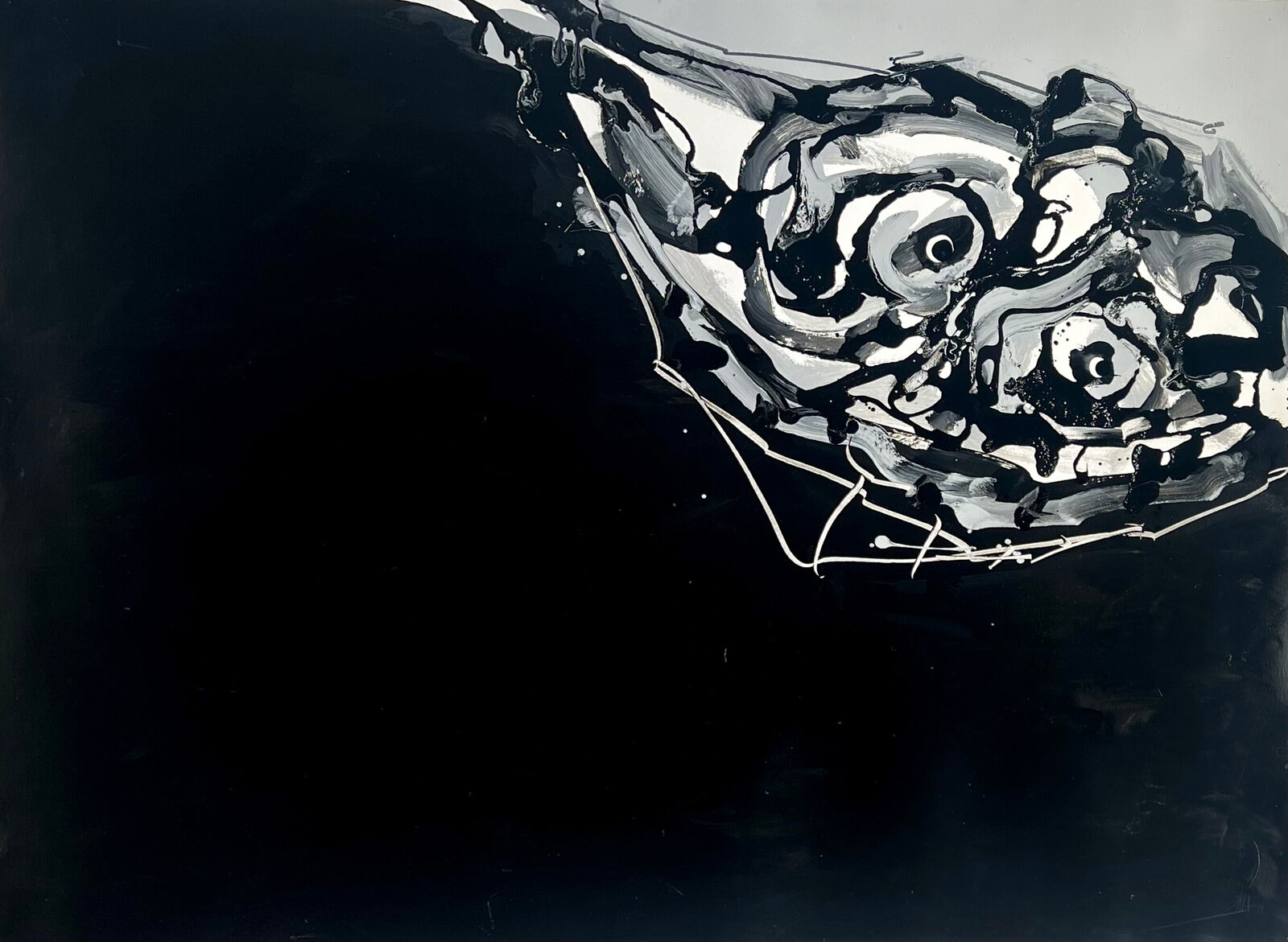 A black and white painting of a fish on a black background.