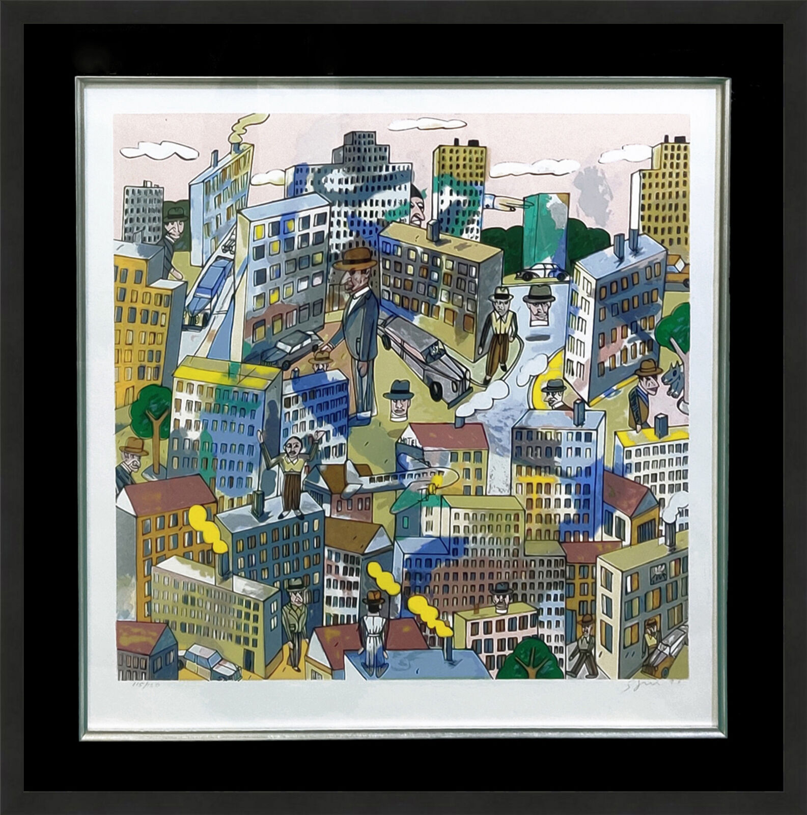 A painting of a cityscape with people in the middle of it.