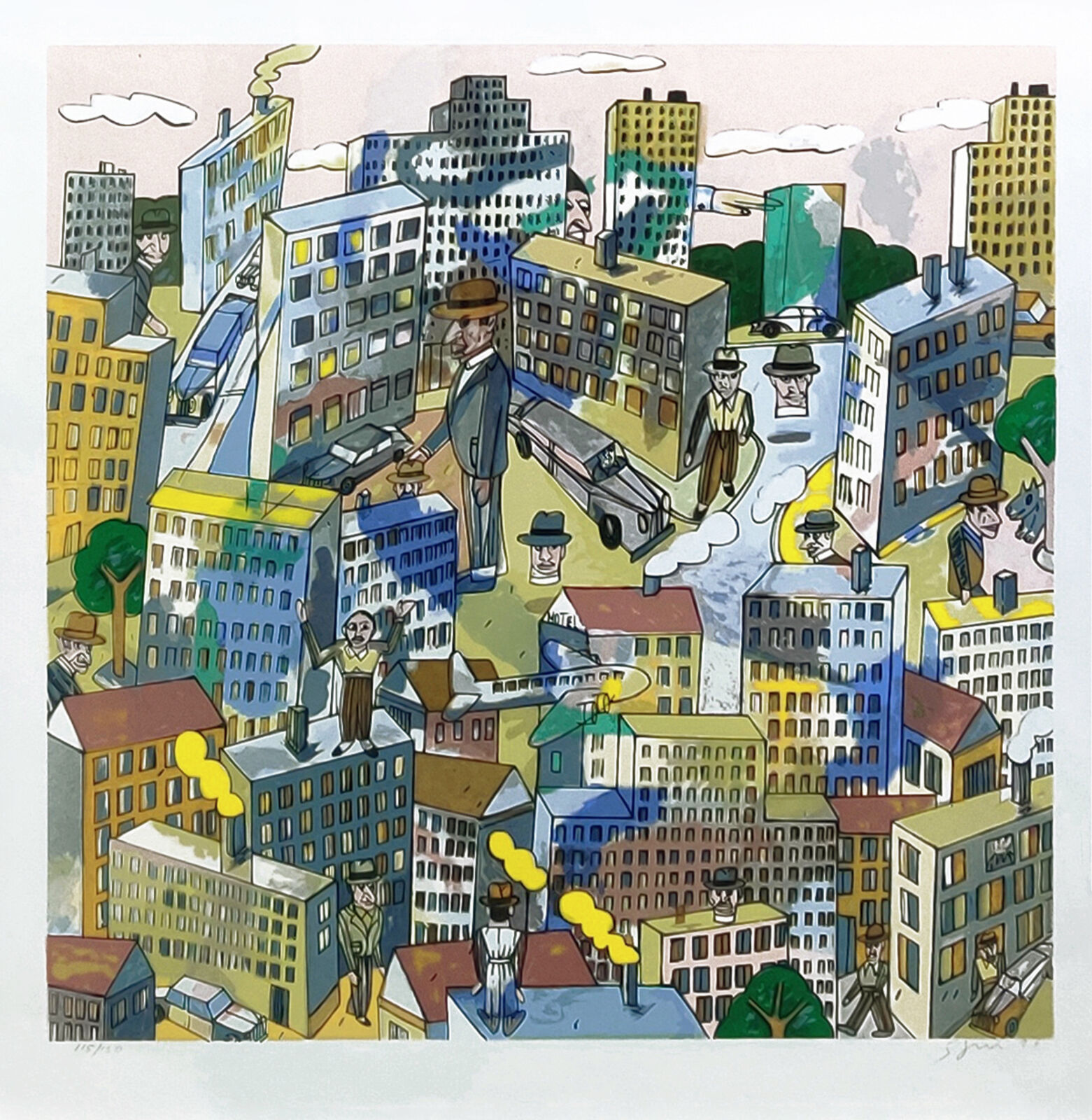 A painting of a cityscape with people in the middle of it.