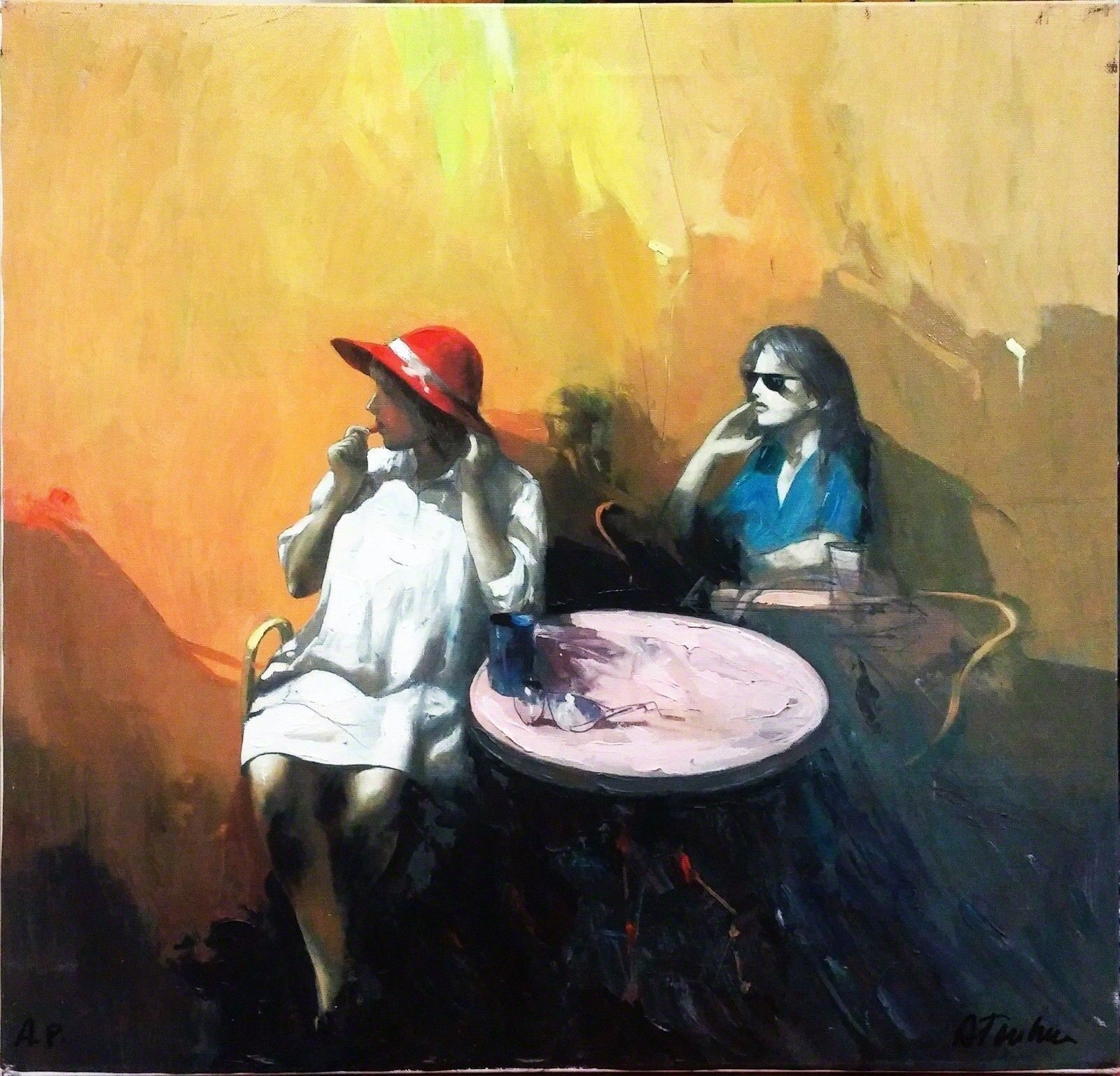A painting of two women sitting at a table.