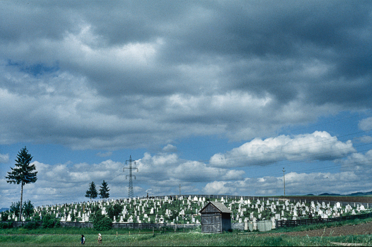 A field of headstones under a cloudy sky. 