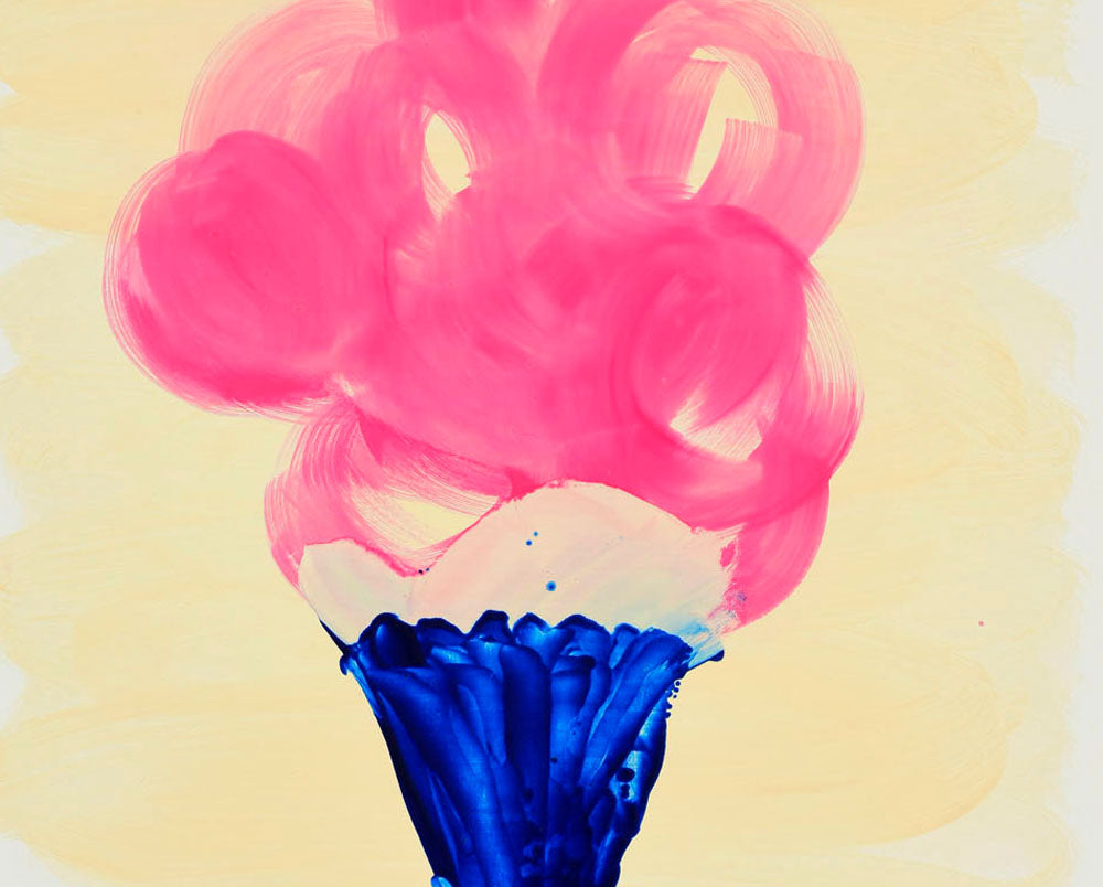 A painting of a pink and blue ice cream cone.