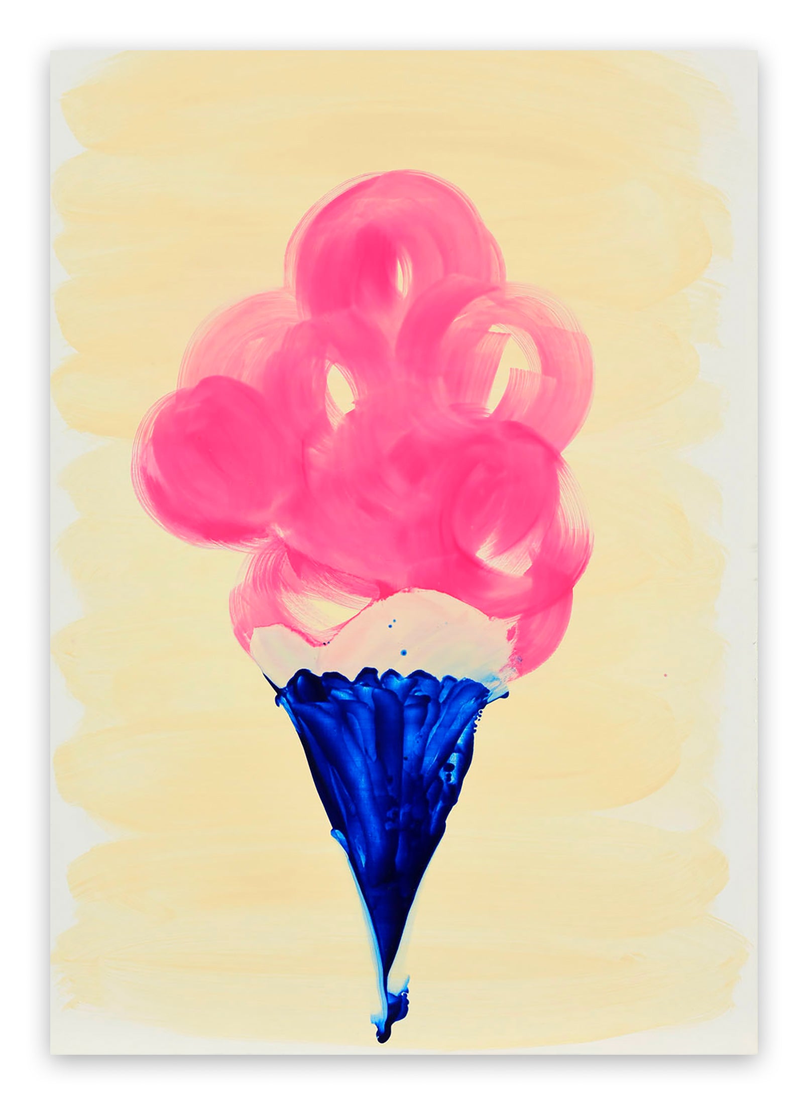 A painting of a pink and blue ice cream cone.