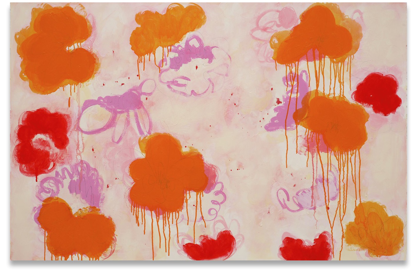 A painting of orange and pink paint splatters on a white background.