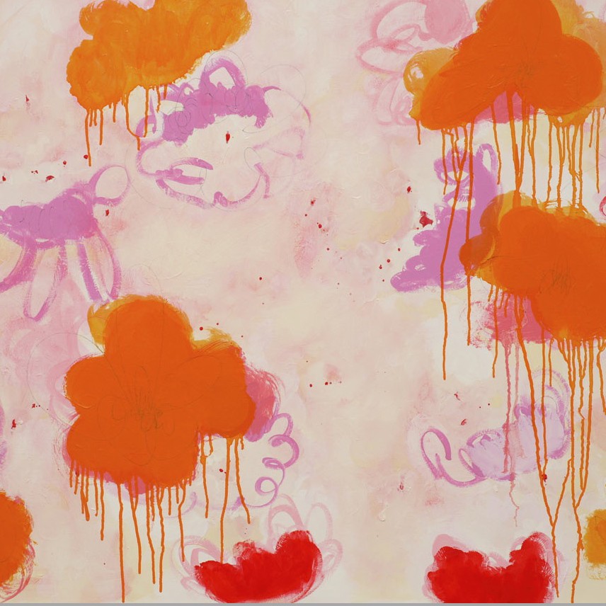 A painting of orange and pink paint splatters on a white background.