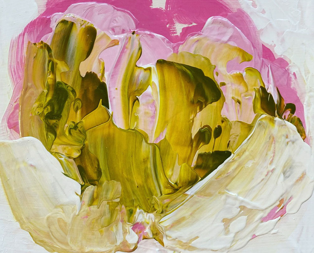 A painting of a pink and yellow flower on a white background.