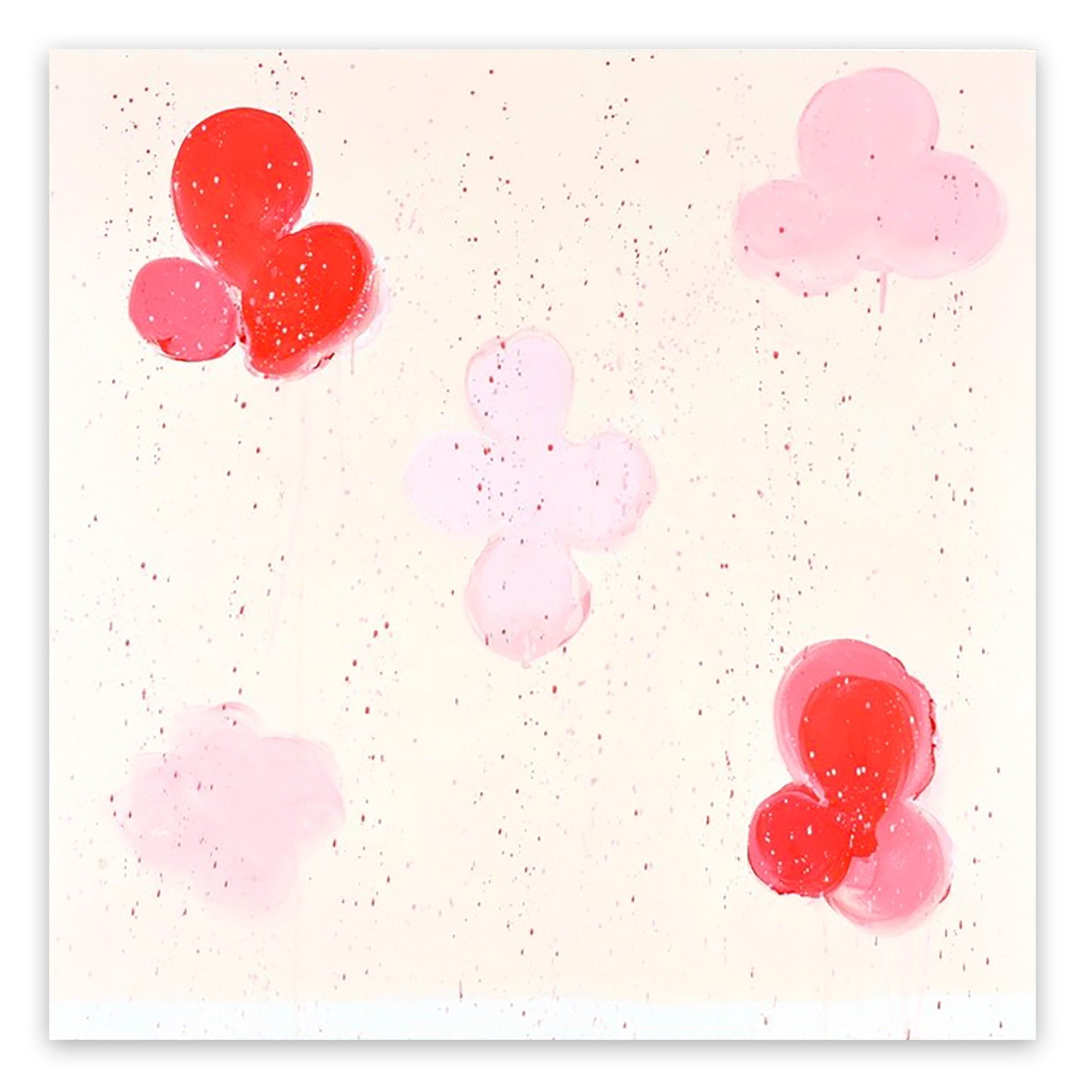 A painting of red and pink balloons floating in the air.