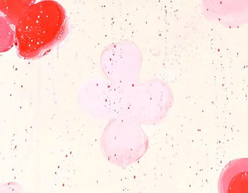 A painting of red and pink balloons floating in the air.