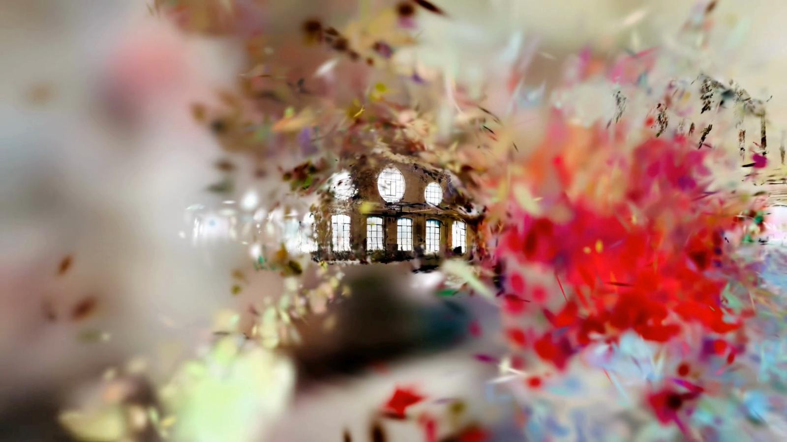 A dreamlike composition where a classical building emerges from a chaotic swirl of colorful particles.