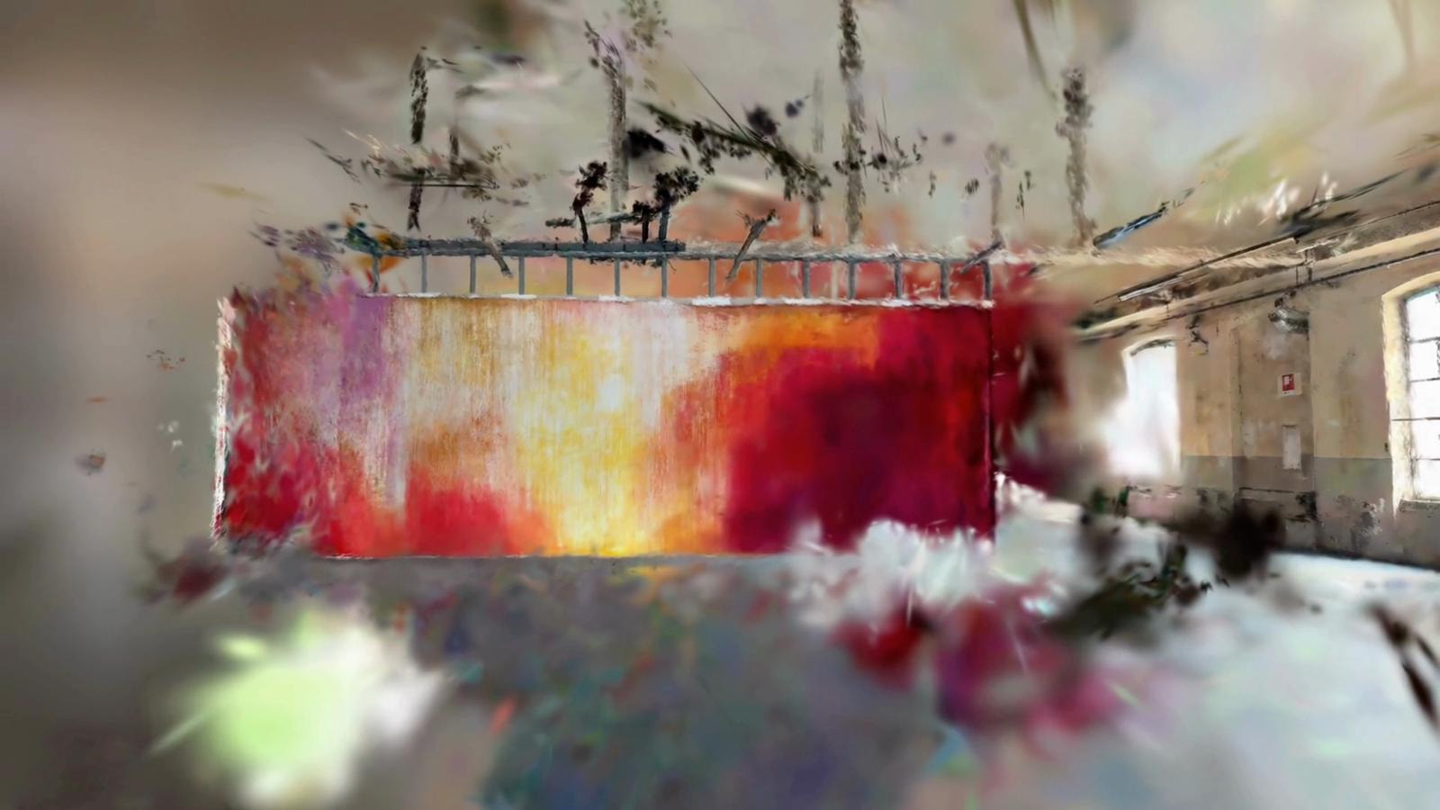 A digitally rendered interior scene featuring a vibrant red and yellow wall within an abandoned building.