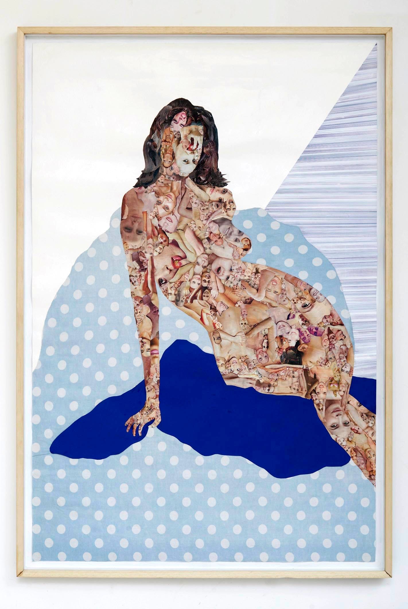 A collage portrait of a seated figure composed entirely of numerous faces.