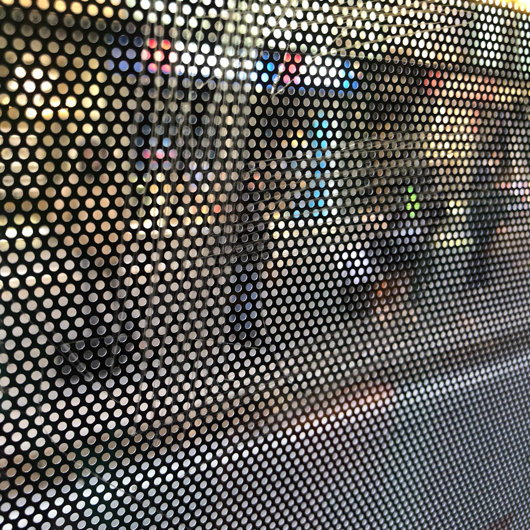 A close-up of a perforated metal surface with delicate spider webs and colorful light reflections.