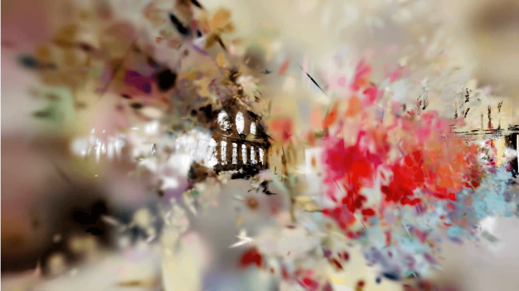 A vibrant abstract composition featuring a central architectural silhouette surrounded by explosive bursts of color.