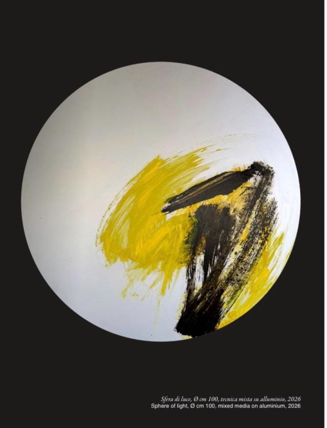 A minimalist abstract painting featuring a white sphere with bold yellow and black brushstrokes against a dark background.