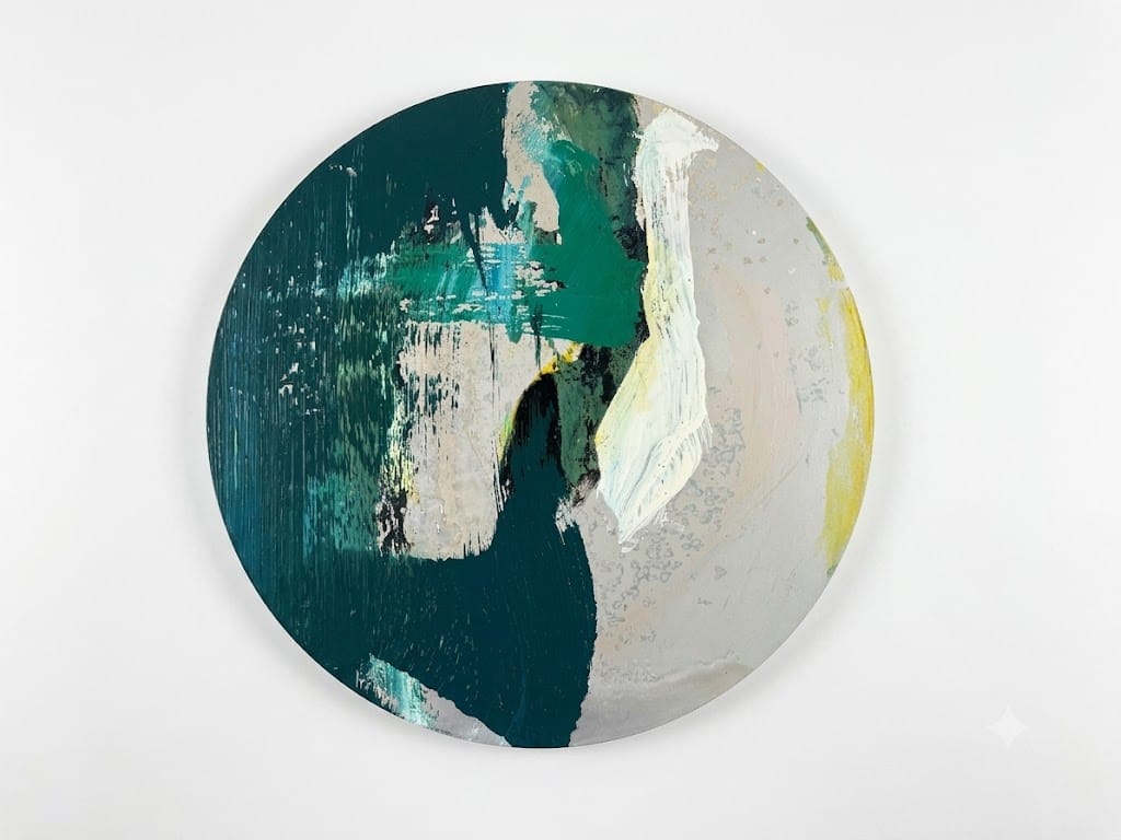 A circular abstract painting featuring bold teal, white, and yellow brushstrokes on a neutral background.