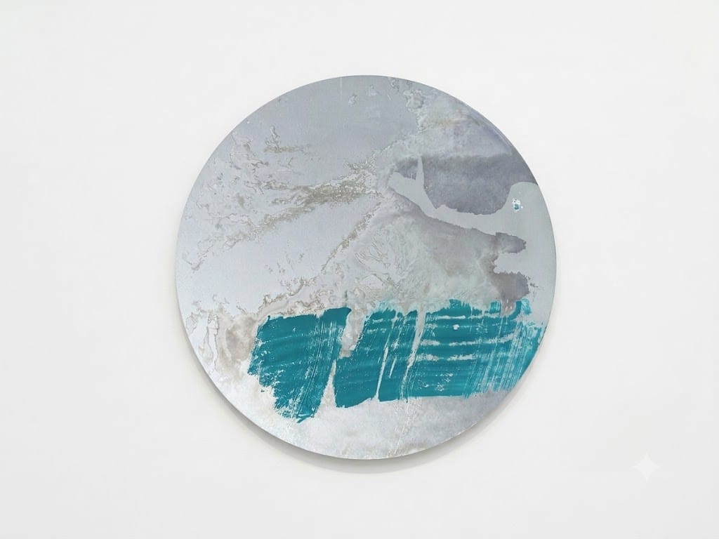 A circular abstract artwork featuring a textured, weathered surface with bold teal brushstrokes at the bottom.