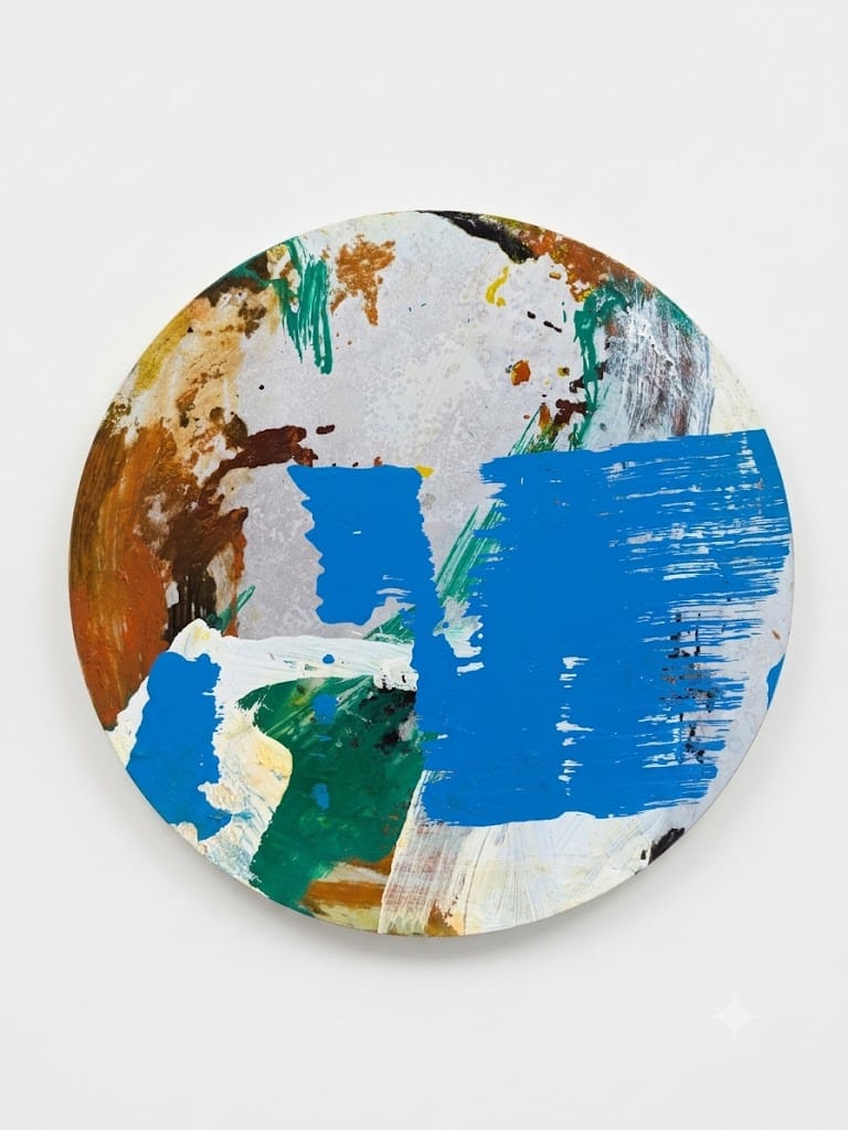 A circular canvas featuring a vibrant abstract composition with bold blue blocks and textured earthy tones.
