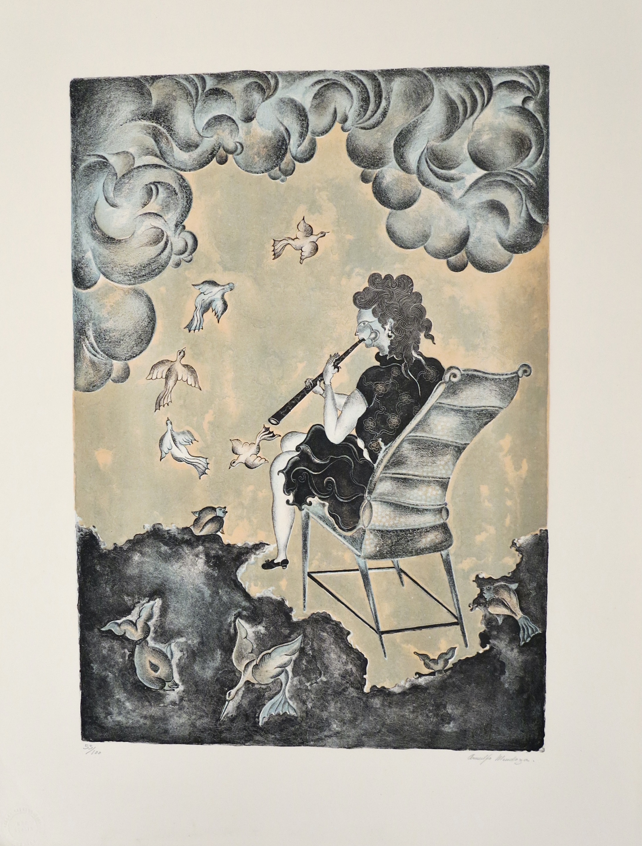 A drawing of a woman sitting in a chair playing a flute.