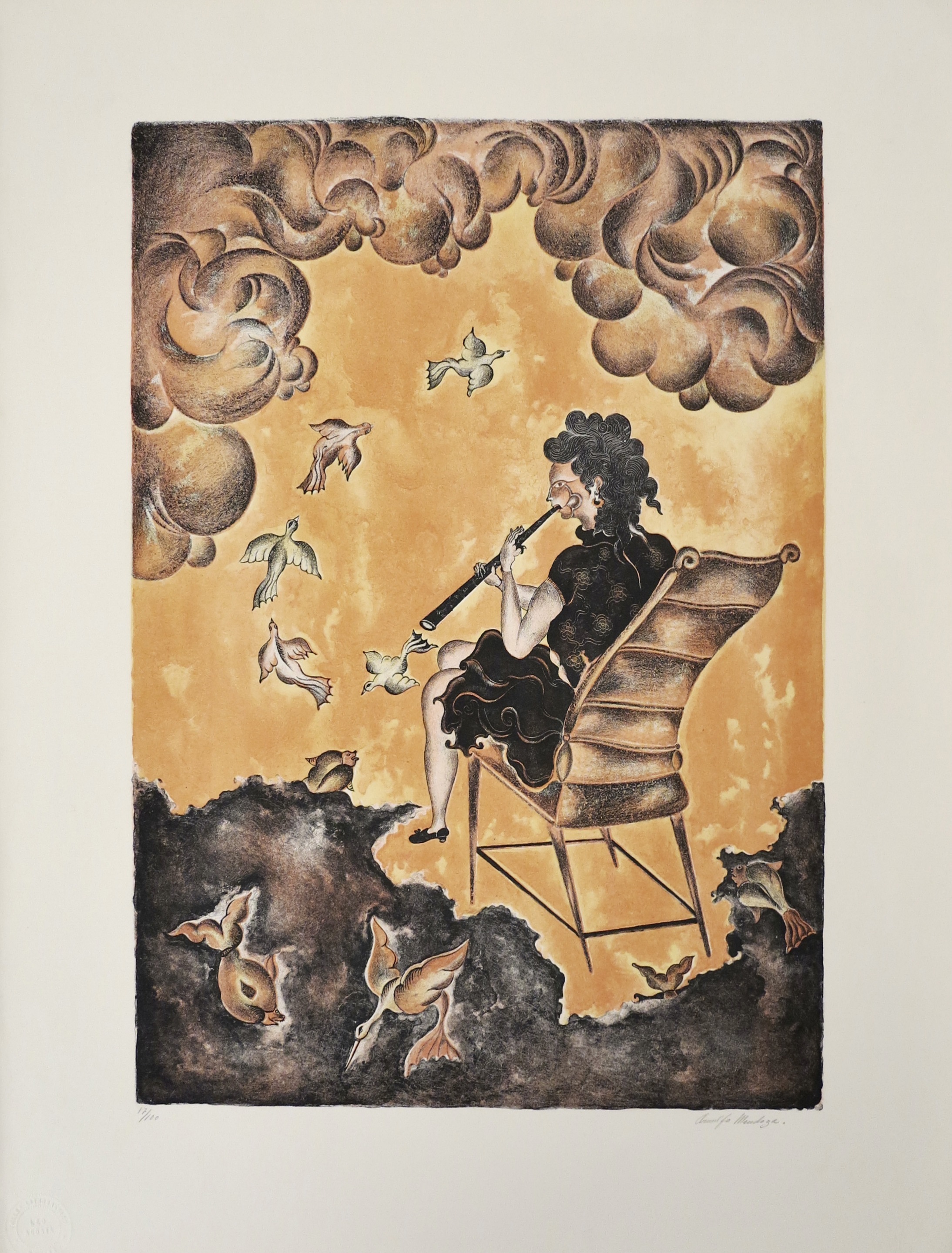 A painting of a woman sitting in a chair playing a flute.