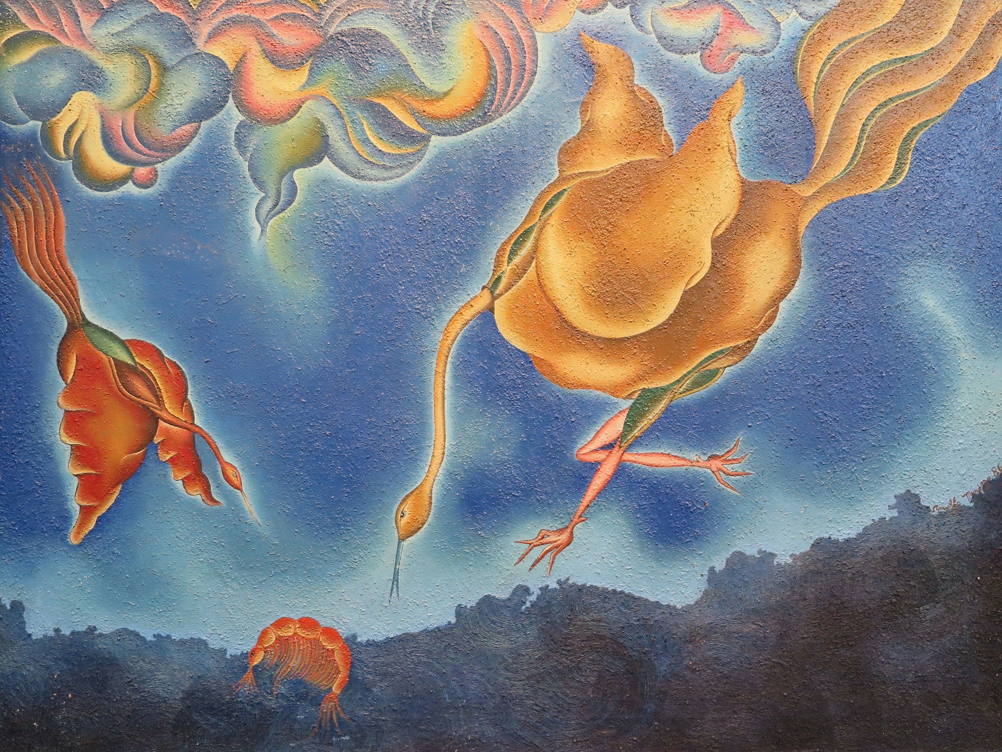 A painting of a bird flying through the sky with a fish in its mouth.