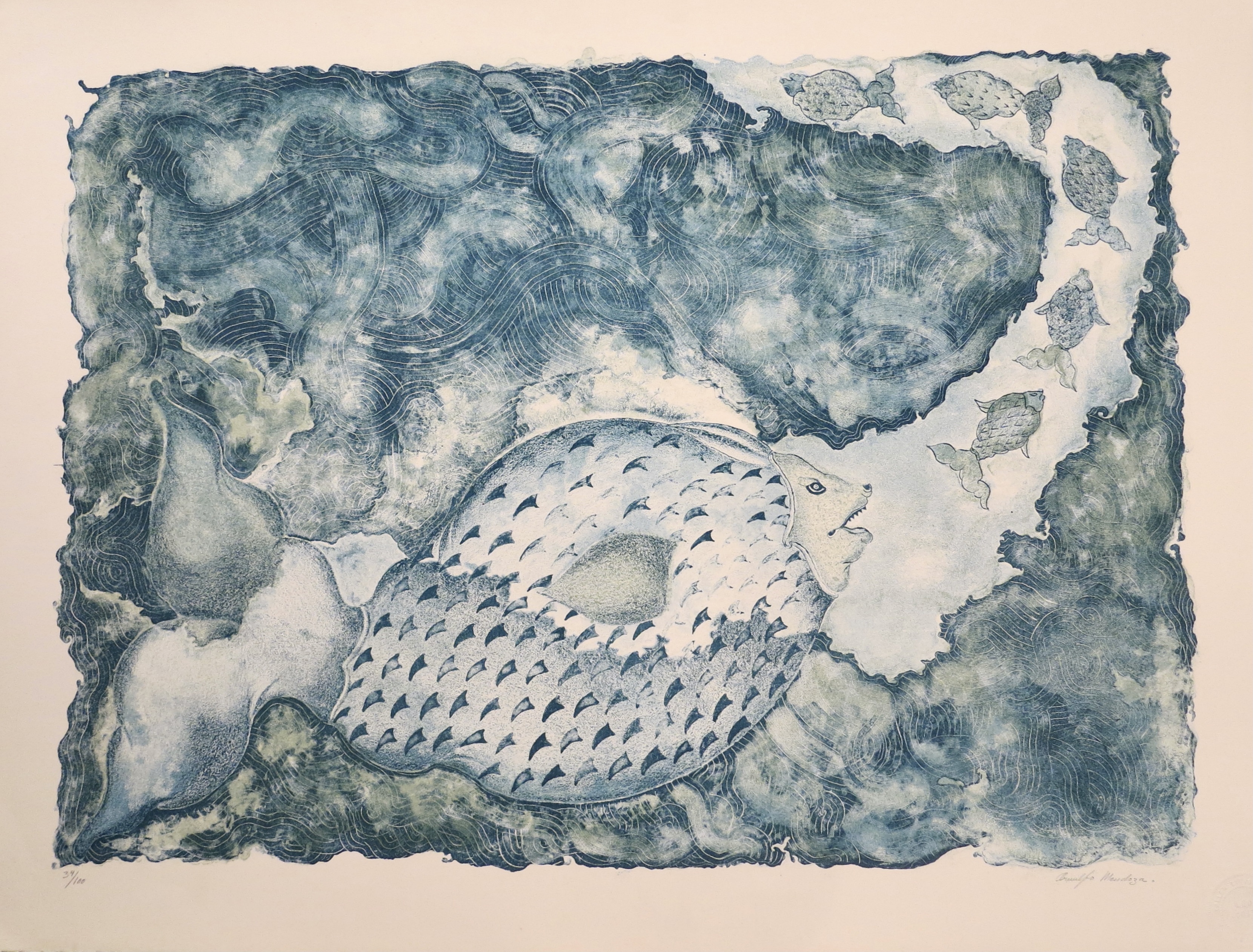 A blue and white drawing of a fish in the ocean.