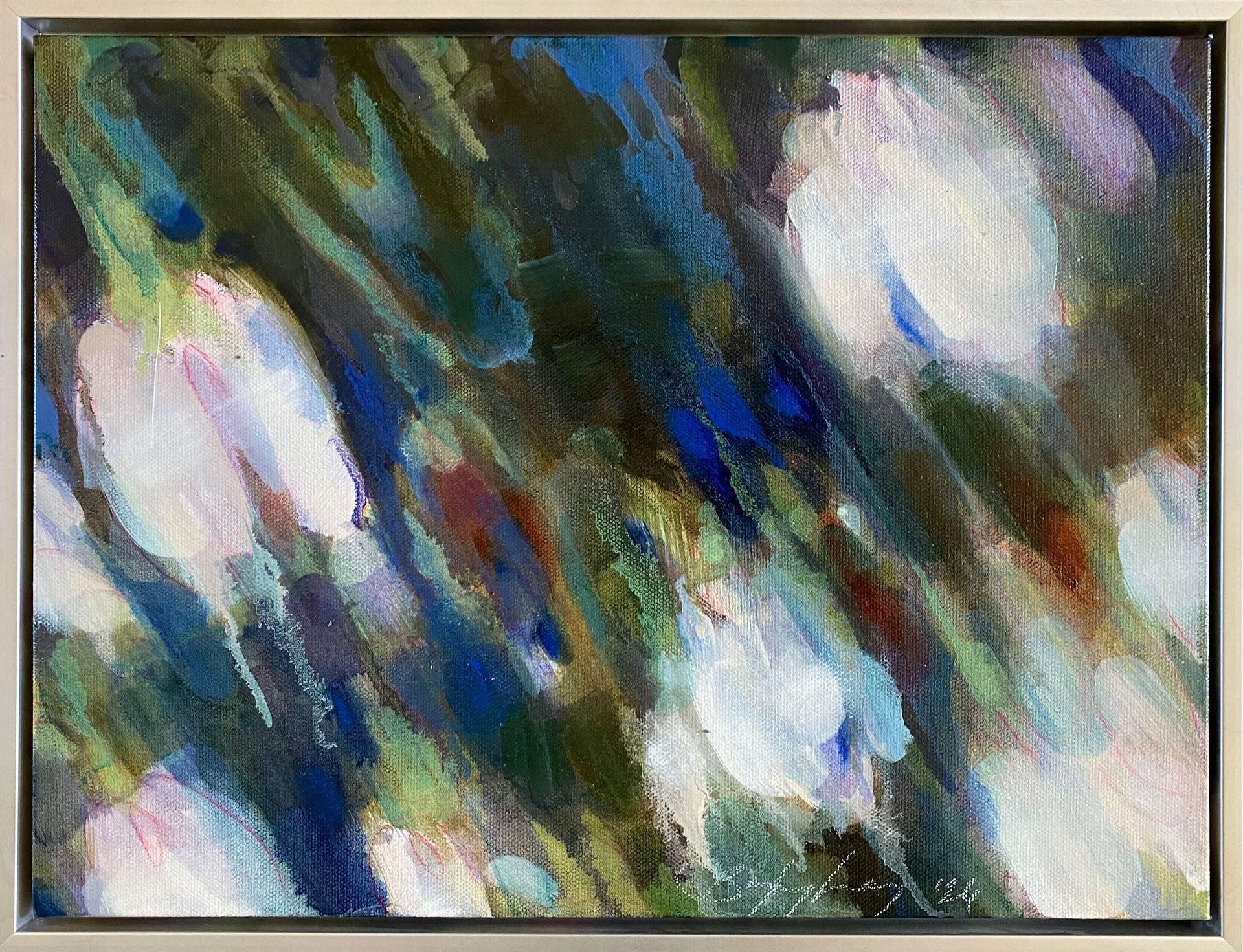 An abstract floral composition featuring white tulips amidst a dark, textured background.