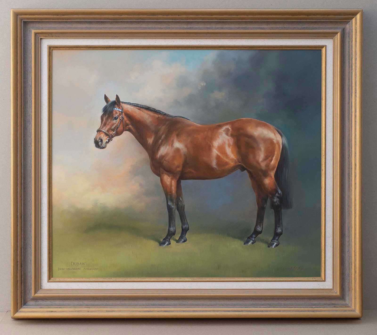 A realistic portrait of a brown horse standing in profile against a moody sky.