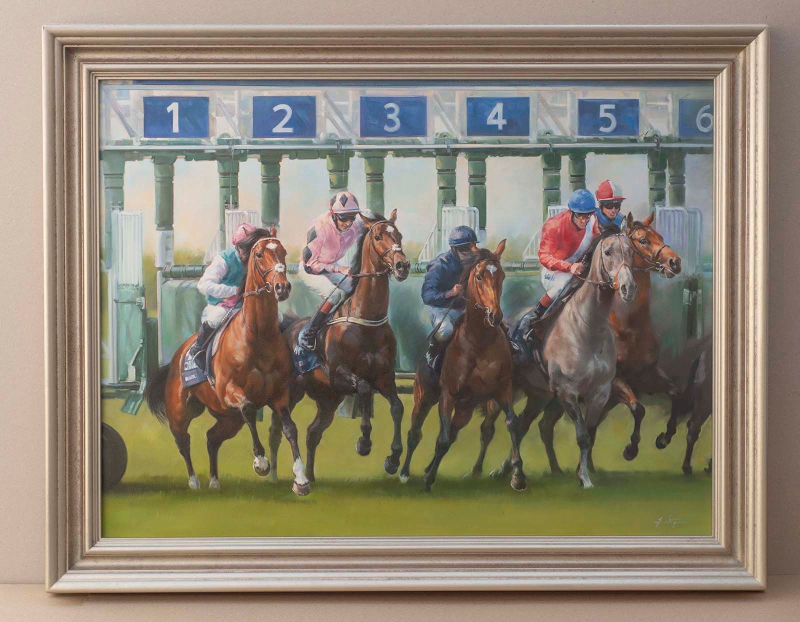 A dynamic oil painting of a horse race start, capturing the burst of energy as six horses and jockeys emerge from the starting gate.