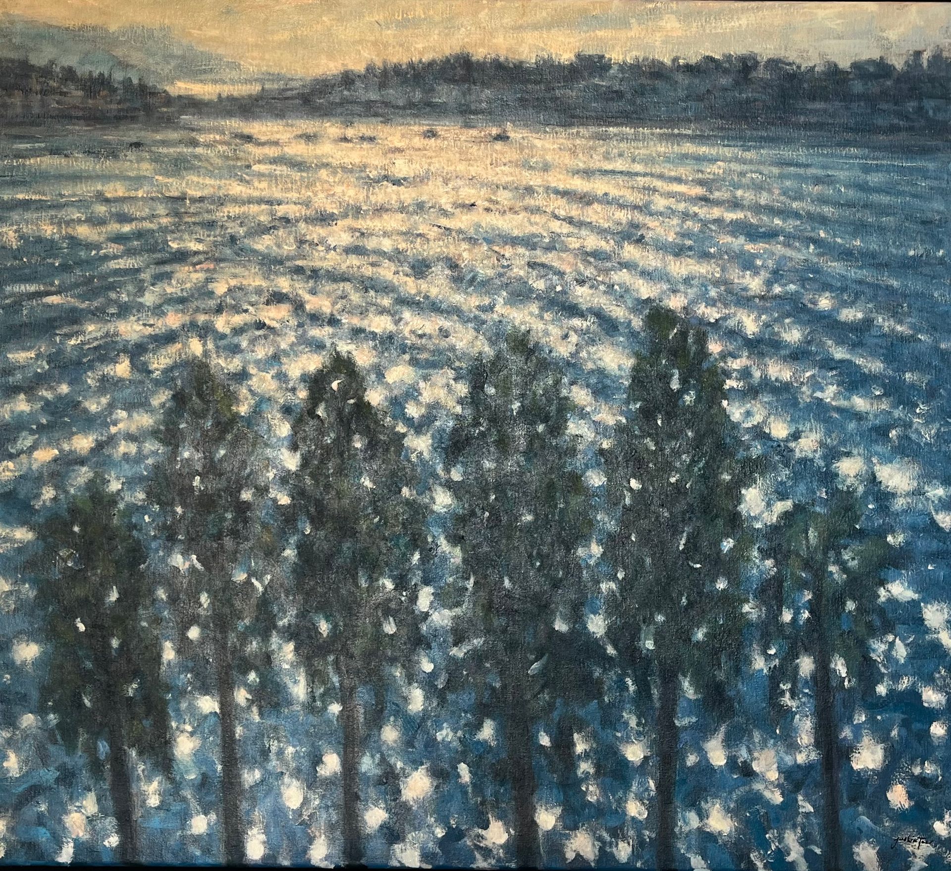 A textured landscape painting of a snowy field with dark evergreen trees in the foreground.