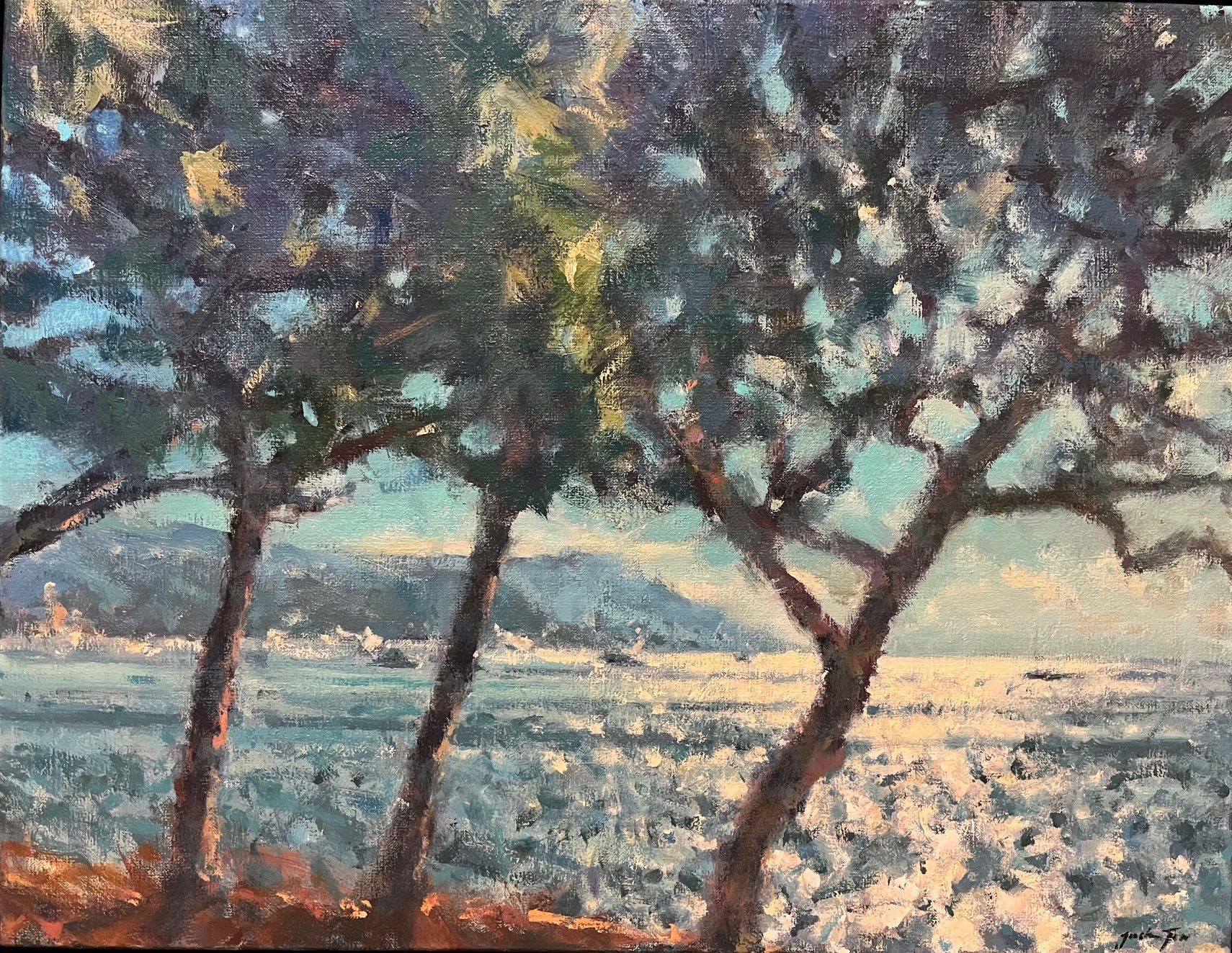 A textured landscape painting of trees framing a distant shoreline under a soft, hazy sky.