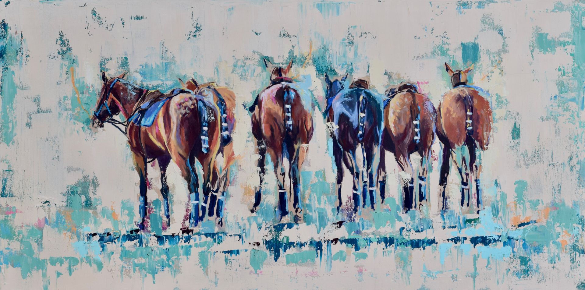 A group of five horses viewed from behind, rendered in a loose, expressive style with a cool-toned abstract background.