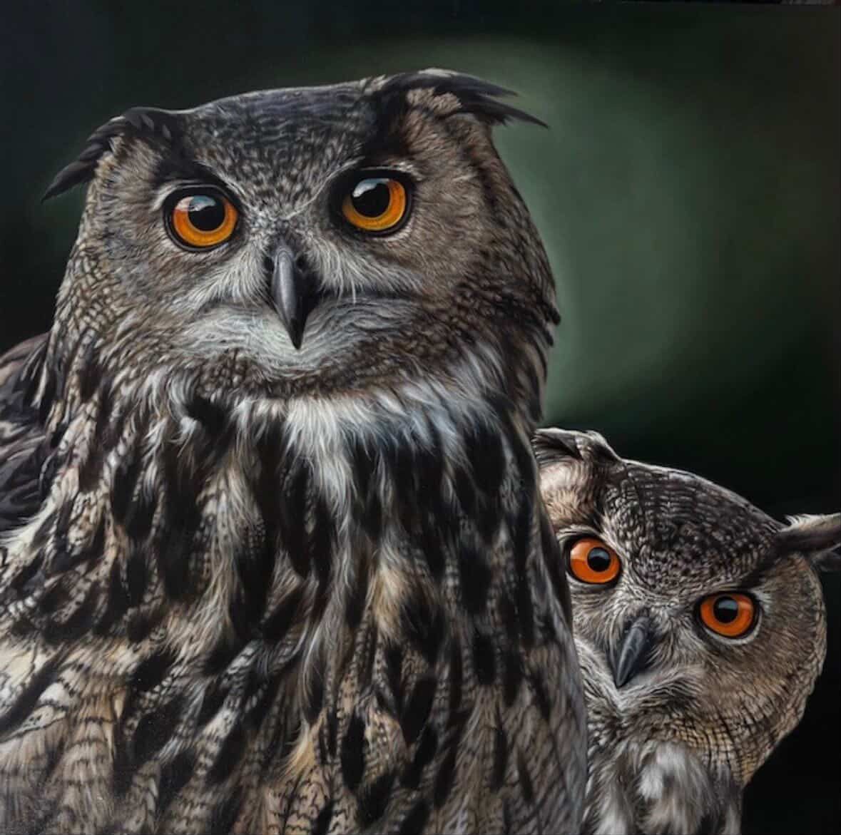 A hyper-realistic painting of two owls with intense orange eyes and detailed feather textures.