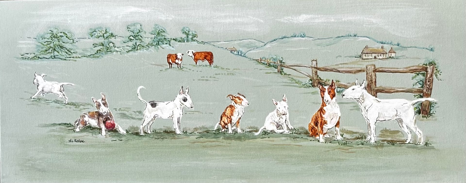 A pastoral watercolor scene featuring a line of dogs in a green field with cows and a farmhouse in the distance.