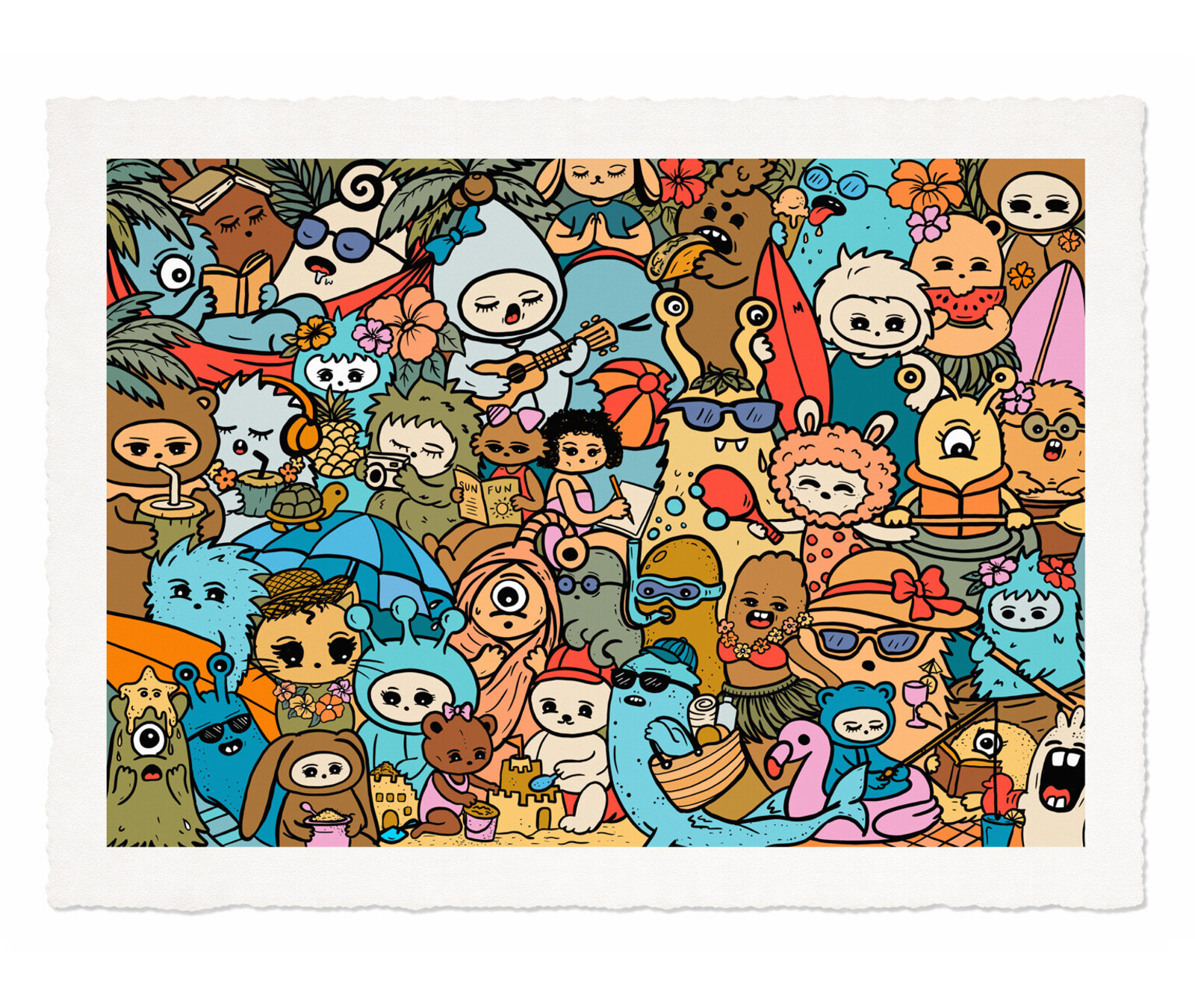 A vibrant, crowded illustration of a beach party featuring numerous whimsical characters enjoying summer activities.