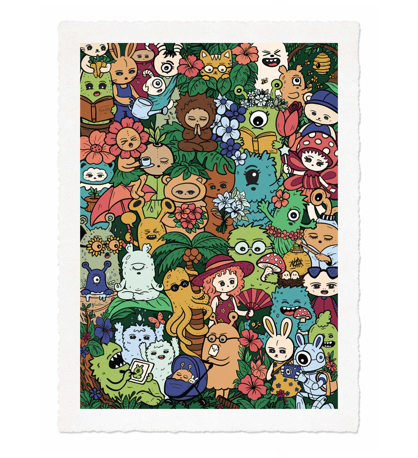 A vibrant, crowded illustration of a whimsical forest gathering featuring diverse anthropomorphic creatures and plants.