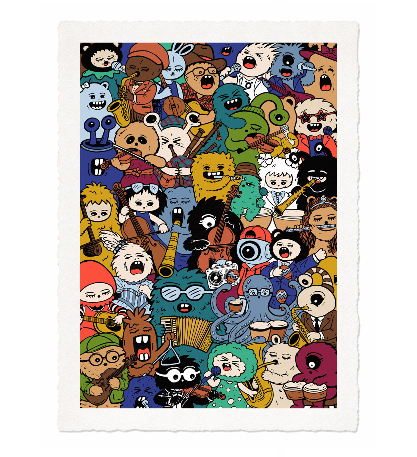 A vibrant, crowded illustration of a diverse band of cartoon characters playing instruments.