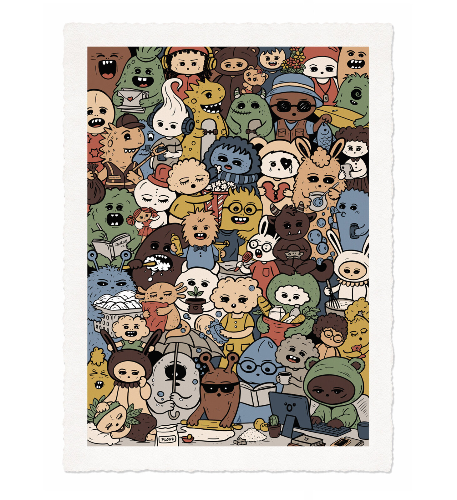 A chaotic, colorful collage of diverse cartoon characters in a dense, layered composition.