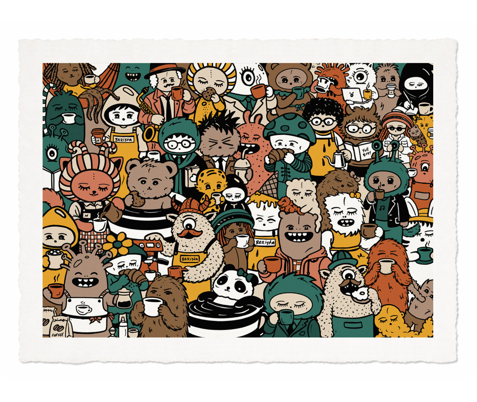 A dense, colorful illustration of a crowded coffee shop filled with diverse anthropomorphic characters.
